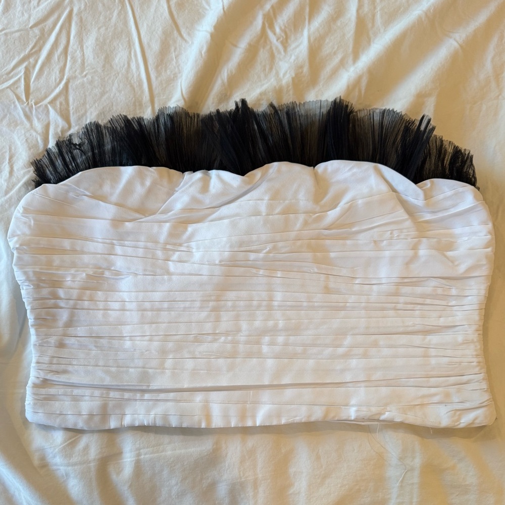 Zara White Ruched Strapless Top with Black Tulle Accents